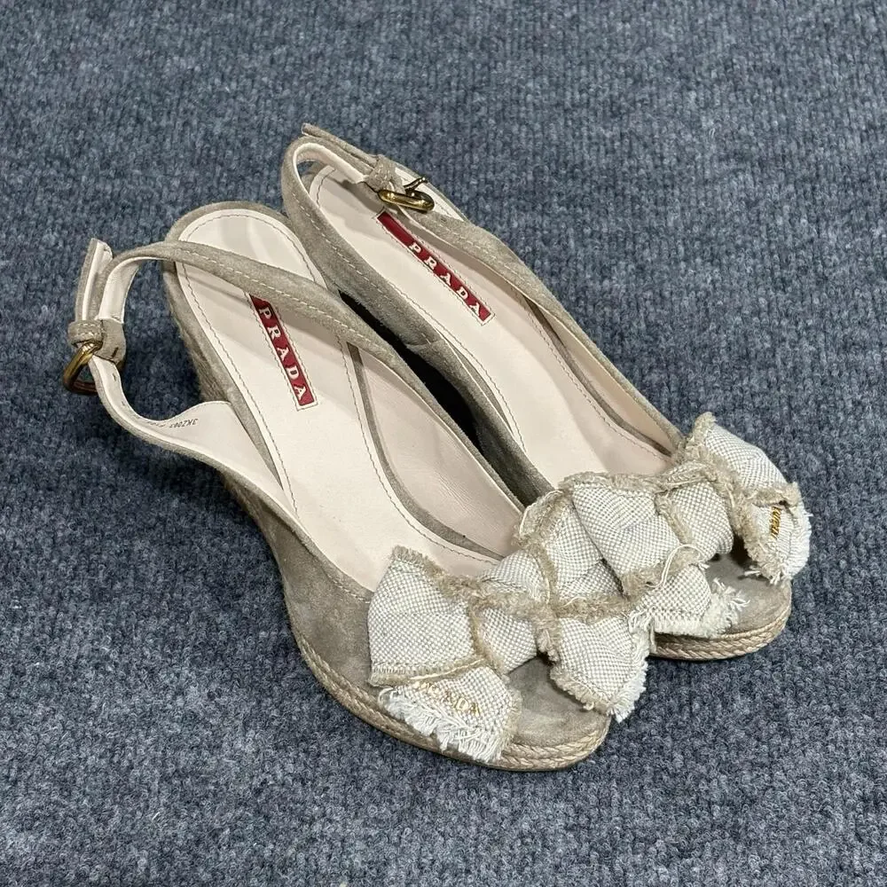 Prada Wedge Sandals Womens 5.5 Beige Espadrille Bow Peep Toe Suede Canvas
